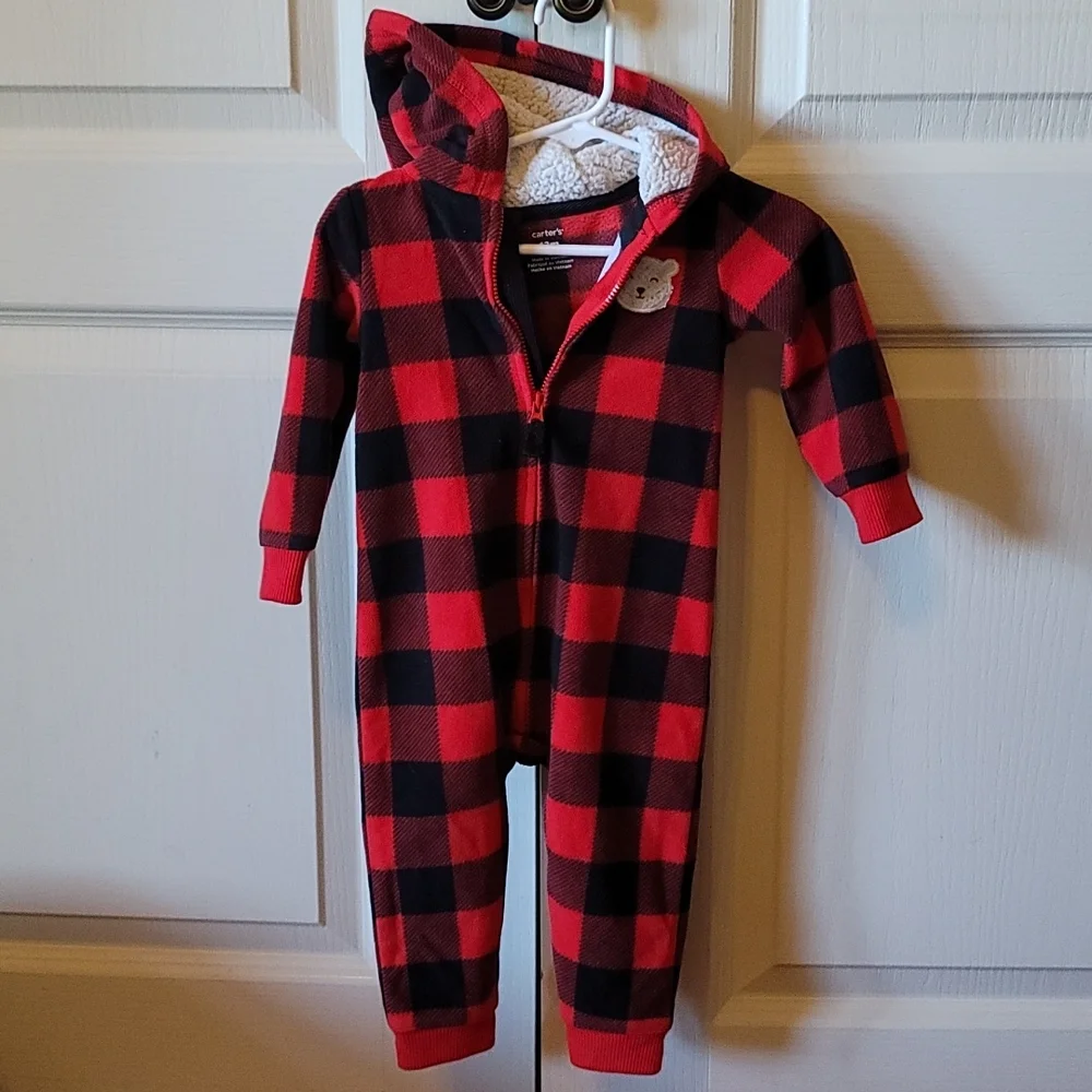Carters 12mo black and red checkered hooded winter zip up